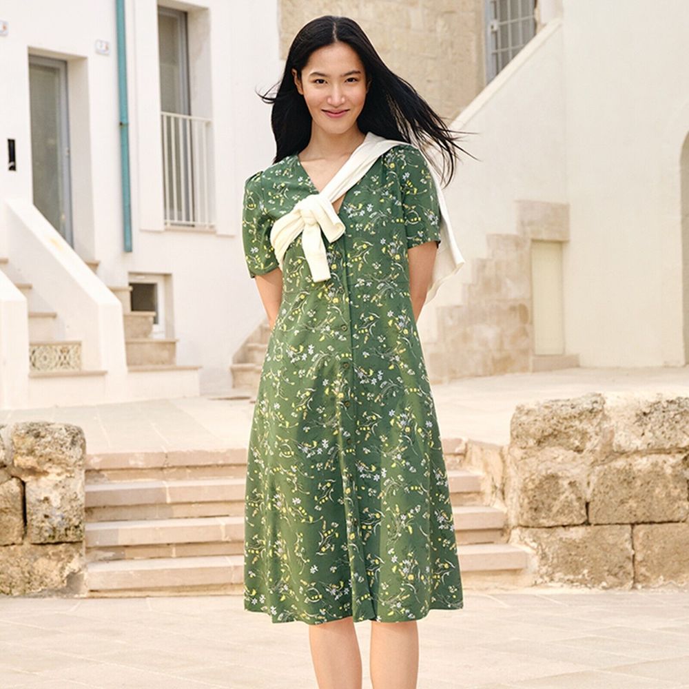 Uniqlo Green Floral Button-Front Midi Dress